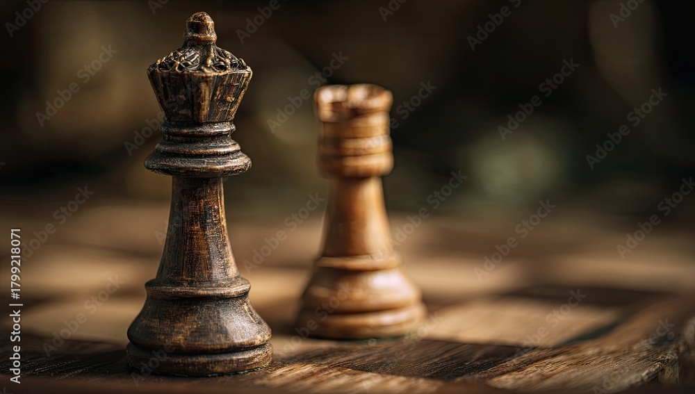 Fototapeta premium Two antique chess queens face each other on a wooden board