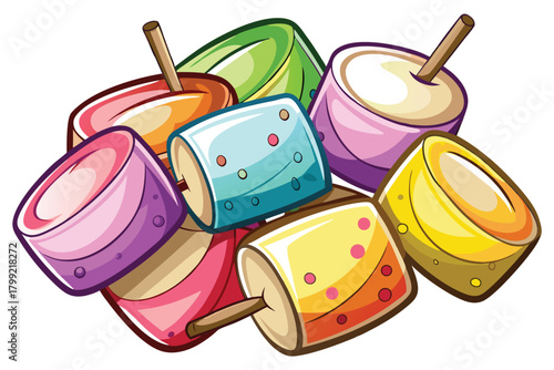 Colorful cartoon lollipops featuring various sweet flavors and designs are grouped together on white