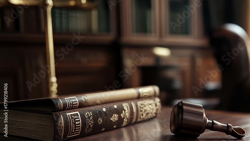 Wallpaper Mural A wooden gavel rests on a circular base beside stacked law books in a richly furnished office. Natural light filters through the curtains, highlighting the desk's elegant details. Torontodigital.ca