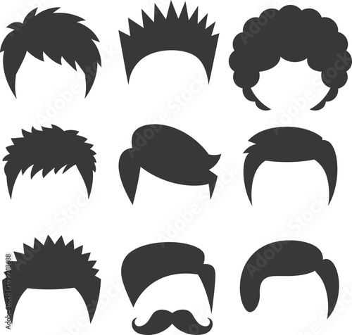 Various male hairstyles and haircuts black silhouette vector set.
