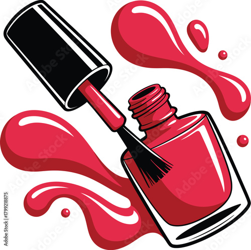 Red nail polish bottle with brush and spilled vibrant liquid
