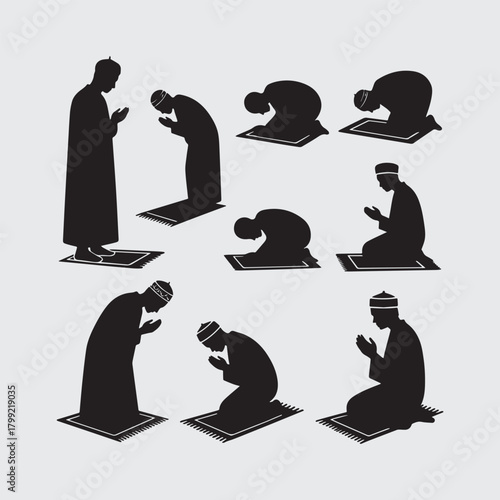 Islamic Prayer Silhouette Sequence – Salah Postures on Mat Depicting Spiritual Devotion