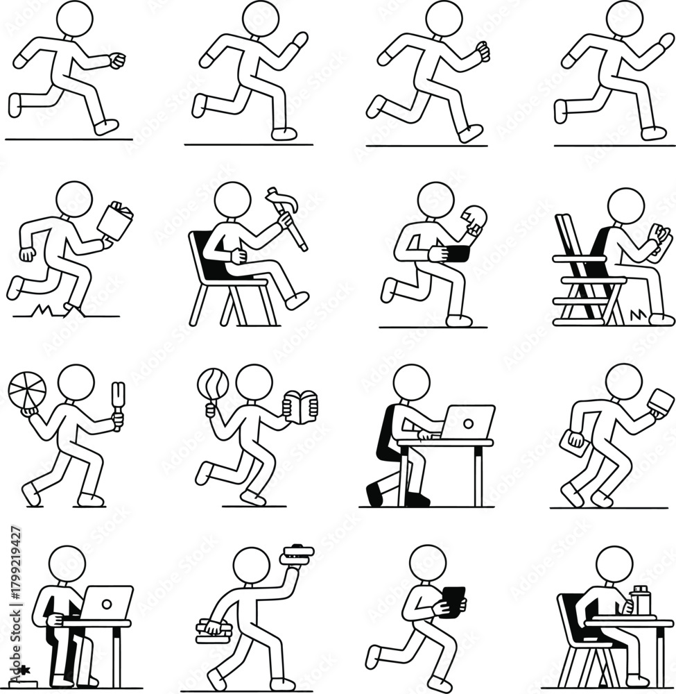 Fototapeta premium Stick figures doing daily activities, work, and various tasks