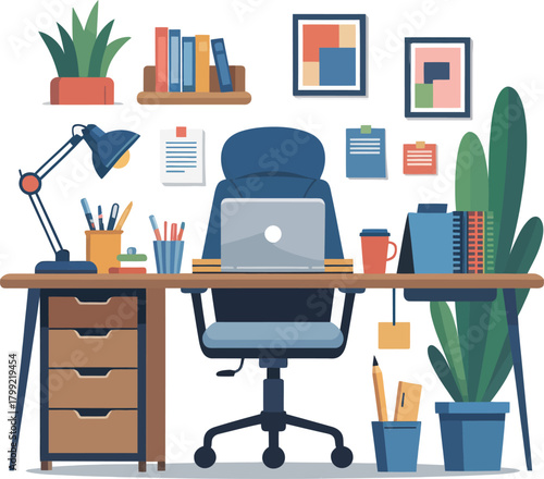 Modern home office workspace with laptop, desk, chair, and plants