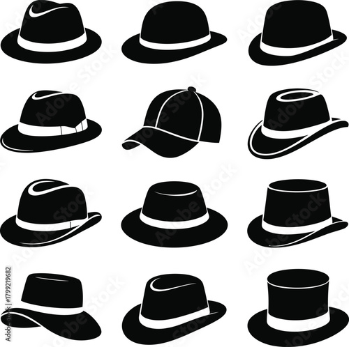 Silhouettes of classic and modern hats including fedora, bowler, cap