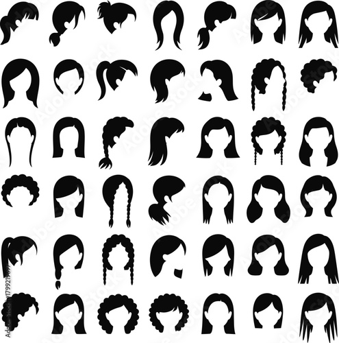 Various female hairstyles and haircuts set as black silhouettes