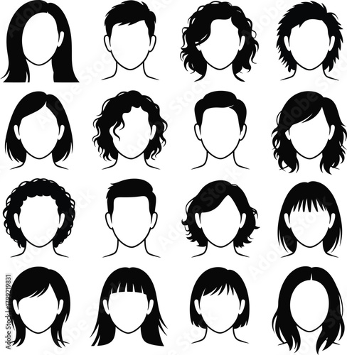 Diverse human hairstyles, male and female, for modern avatars design.