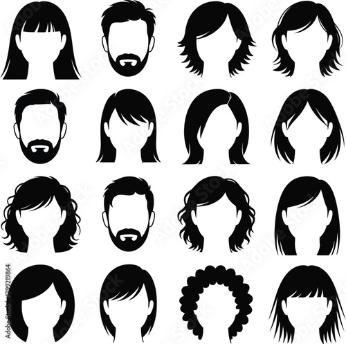 Diverse male and female silhouette avatar hair and beard styles