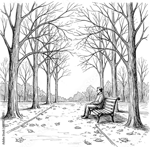 Lonely Man Sitting on a Bench in an Empty Park