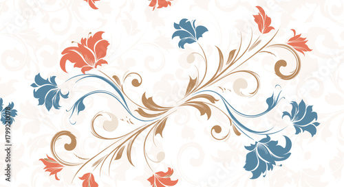 A symmetrical floral pattern with swirling vines and delicate blossoms in coral and blue.