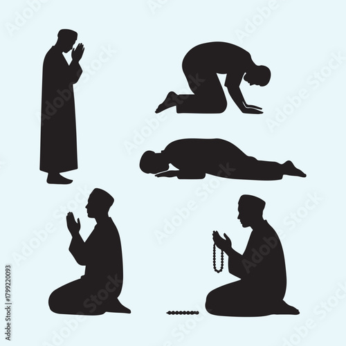 Islamic Prayer Silhouette Set  Salah and Tasbih Postures Depicting Spiritual Devotion and Worship