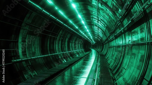 Fototapeta Naklejka Na Ścianę i Meble -  Futuristic green light tunnel with dark subway track