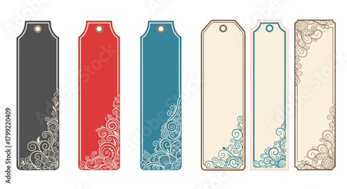 Elegant decorative labels with intricate vintage corner designs in various appealing colors for versatile use.