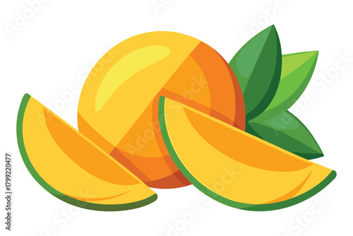 A juicy melon with slices and leaves create a refreshing summertime vibe