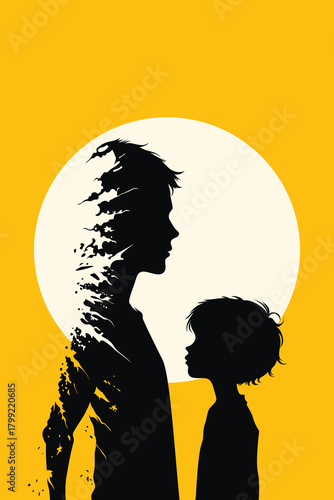 Surreal silhouette artwork showing a fading adult figure facing a child against a large sun. Symbolic illustration of memory, inner self, emotional distance, and fragmented identity.