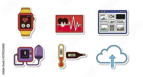 Health and technology icons fitness tracker heart rate data analysis and medical devices