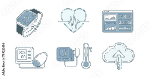 Health and wellness technology icons set for digital interface design