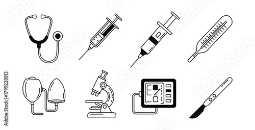 Medical equipment icons stethoscope syringe thermometer microscope