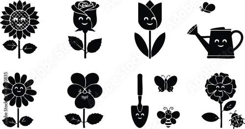 Flower garden elements with watering can and insects vector illustration in black silhouette style 