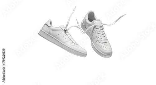Two white sneakers with untied laces isolated on a transparent background