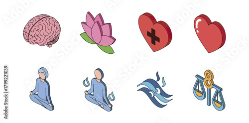 Isometric icons representing mindfulness meditation wellness and balance