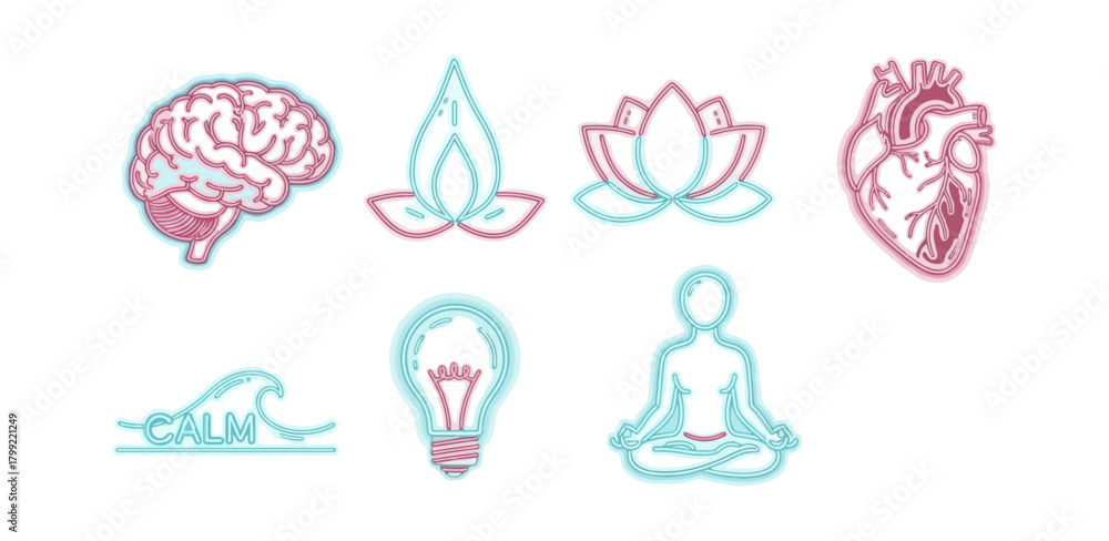 Obraz premium Conceptual icons of brain heart lotus wave light bulb and meditating figure