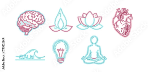 Conceptual icons of brain heart lotus wave light bulb and meditating figure