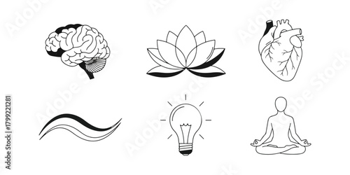 Conceptual icons brain lotus heart abstract symbols on black background