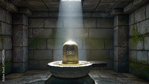 Polished brass Shiva Linga illuminated by a narrow ceiling beam in an underground stone chamber