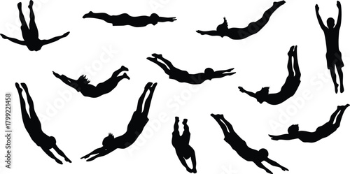Silhouette Vector of Multiple Divers in Various Diving Poses Illustration for Sports and Leisure Activities 
