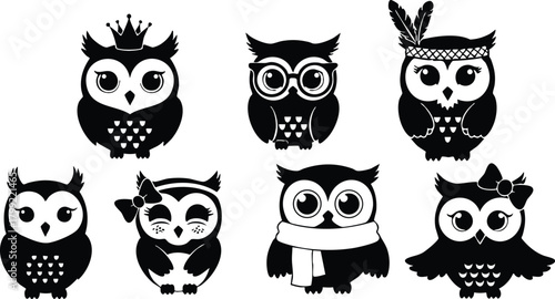 Owl collection with diverse styles and accessories in black and white vector illustration 
