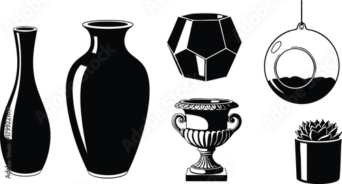 Black and white silhouette of decorative vases and plant pots vector illustration 