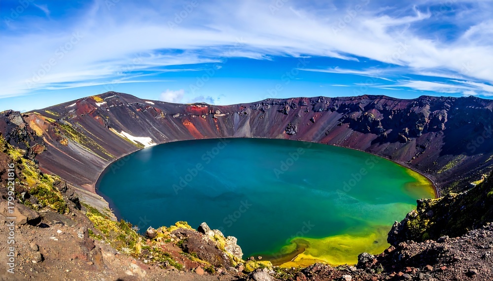 Fototapeta premium Discover stunning natural beauty with this breathtaking panoramic view of a vibrant turquoise volcanic crater lake under a clear blue sky with wispy clouds