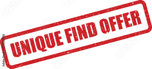 Red grunge rubber stamp mark with the phrase unique find offer for special promotional deals