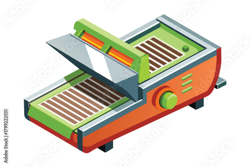 Orange and green isometric device shows brown stripes, a control knob, and vent details