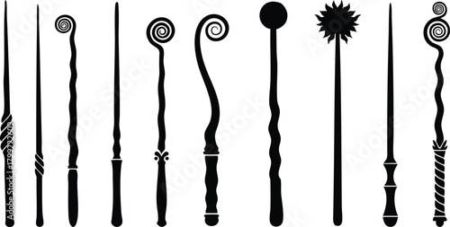 Collection of magic wands with varied designs and shapes vector illustration set for fantasy and wizard themes 