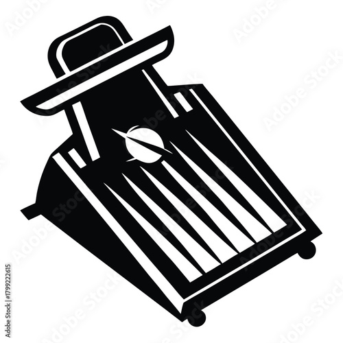 A simplified black cutting tool grates downward over the open interior, showing sharp edges