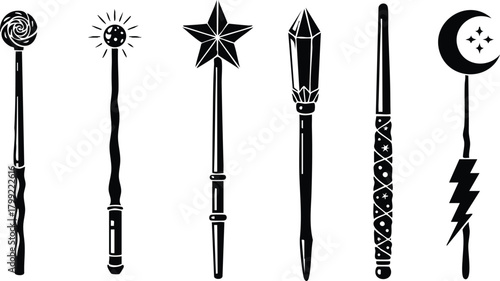 Magical wands collection with unique mystical designs and celestial symbols in black silhouette style vector illustration 