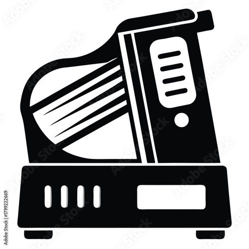 A detailed black illustrates a sturdy commercial food slicer machine on white