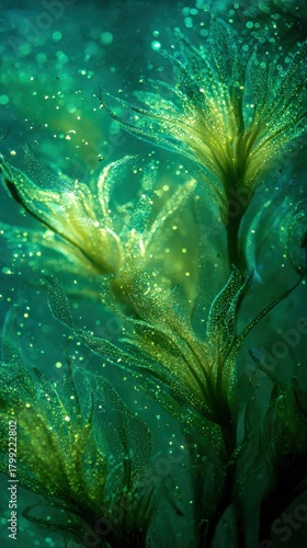 Enchanting underwater flora with sparkling elements in soft light