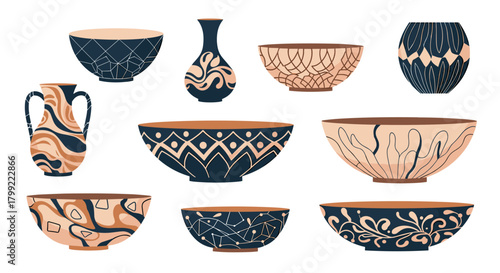 A collection of beautifully patterned decorative ceramic bowls and vases in various sizes and designs.