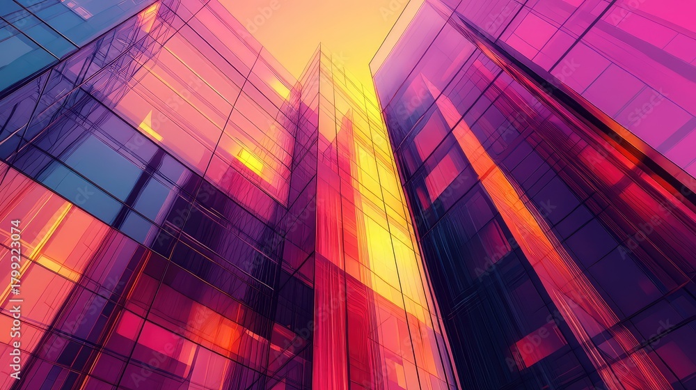 Obraz premium Modern building glass facade reflecting vibrant sunset colors