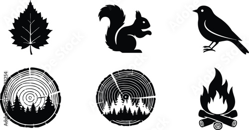 Forest nature elements with leaf, squirrel, bird, tree rings, and campfire vector icons in black silhouette style 