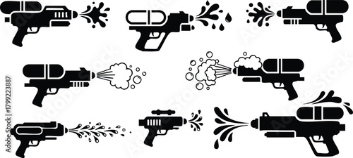 Water gun set collection with spray and splash effects vector illustration in black silhouette style 
