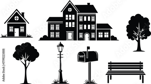 Residential houses with trees, street lamp, mailbox, and bench silhouette vector illustrations in black and white 