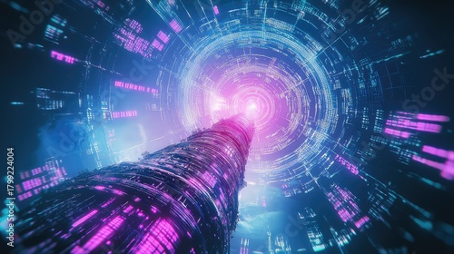 Digital data flowing through futuristic fiber optic tunnel