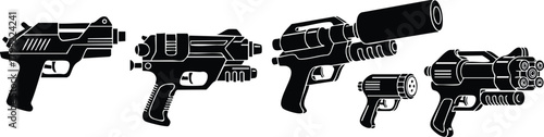 Futuristic sci fi laser guns collection vector illustration with detailed weapons designs 