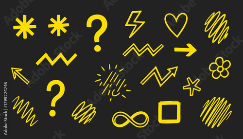 Golden 3D question mark and exclamation mark symbols collection on a blackboard illustration set