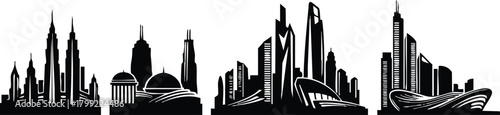 Modern city skyline silhouettes with diverse high-rise buildings and architectural landmarks vector illustration 