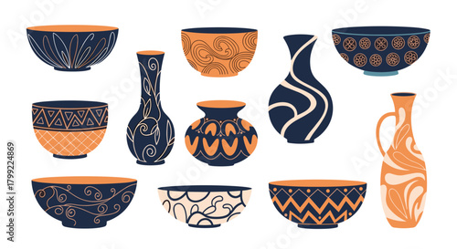 A vibrant collection of decorative ceramic vases and bowls with intricate patterns.